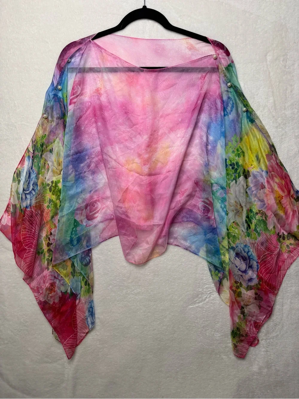 100% Silk Chiffon Sheer Floral Poncho Wrap Top Shawl Pearls Boho Resortwear
